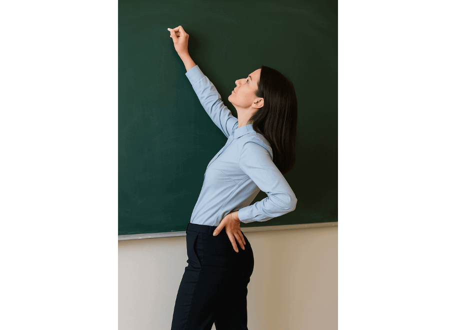 老師肩膀活動受限,用腰代償寫黑板的動作示意圖。